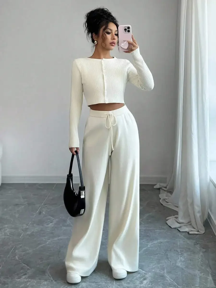 Cream Cropped Cardigan And Wide Leg Knit Pants Two Piece Set Casual Women Outfit
Cream Cropped Cardigan And Wide Leg Knit Pants Two Piece Set Casual Women Outfit