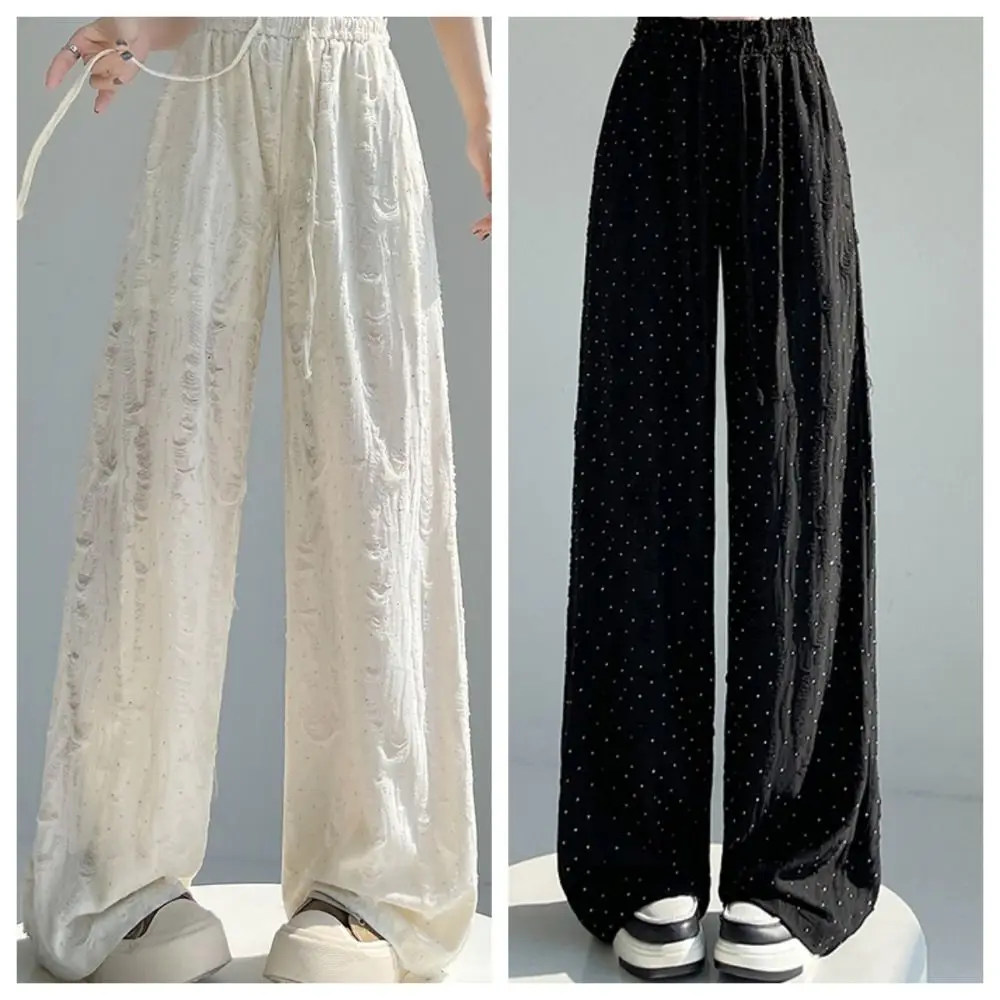 Comfortable Solid Color Casual Straight Leg Pants Rhinestone Shining Wide Leg Long Pants Summer Clothes Thin Ripped Pants Daily
Comfortable Solid Color Casual Straight Leg Pants Rhinestone Shining Wide Leg Long Pants Summer Clothes Thin Ripped Pants Daily