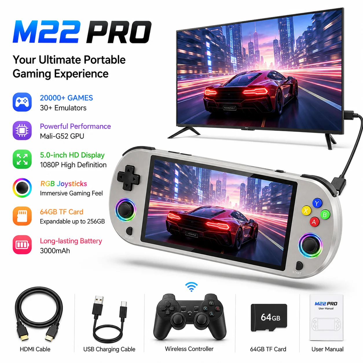Dual2.4G Wireless Gamepads M22 PRO Pocket Game Handheld 5‑Inch HD Full Lamination Screen N909 1.2‑1.8GHz Chip 30 Emulators HD TV
Dual2.4G Wireless Gamepads M22 PRO Pocket Game Handheld 5‑Inch HD Full Lamination Screen N909 1.2‑1.8GHz Chip 30 Emulators HD TV