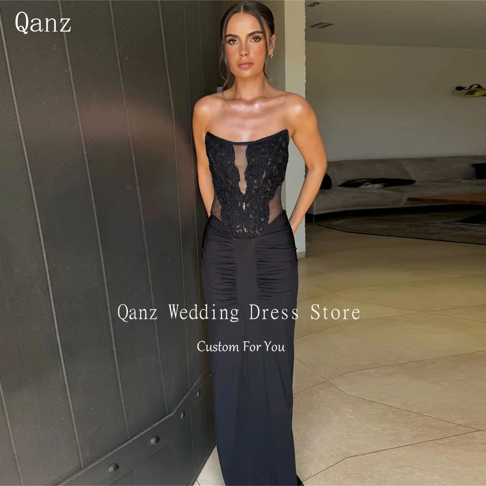 Qanz Sexy Mermaid Evening Dresses Black Lace Strapless Vestidos Para Mujer Satin Illusion Pleat Party Prom Gowns Customized
Qanz Sexy Mermaid Evening Dresses Black Lace Strapless Vestidos Para Mujer Satin Illusion Pleat Party Prom Gowns Customized