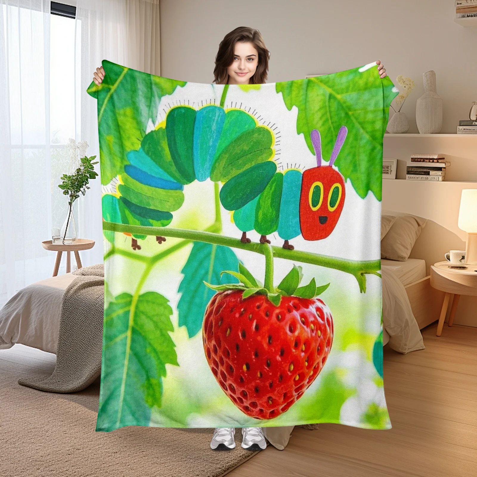Caterpillar On Leaf With Green And Strawberry Pattern Blanket For Nature Themed Kids Room Or Living Space Decor
Caterpillar On Leaf With Green And Strawberry Pattern Blanket For Nature Themed Kids Room Or Living Space Decor