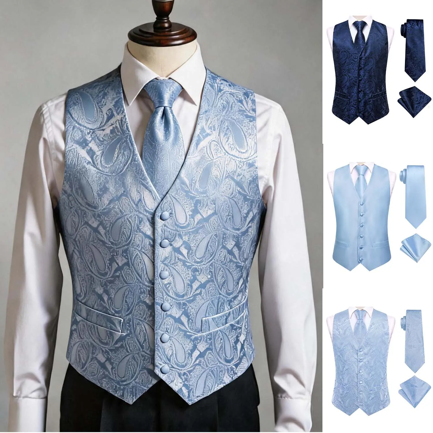 Blue Men Vest Three-Piece Suit Set, Dress Waistcoat with Tie and Pocket Square for Party Ceremony
Blue Men Vest Three-Piece Suit Set, Dress Waistcoat with Tie and Pocket Square for Party Ceremony