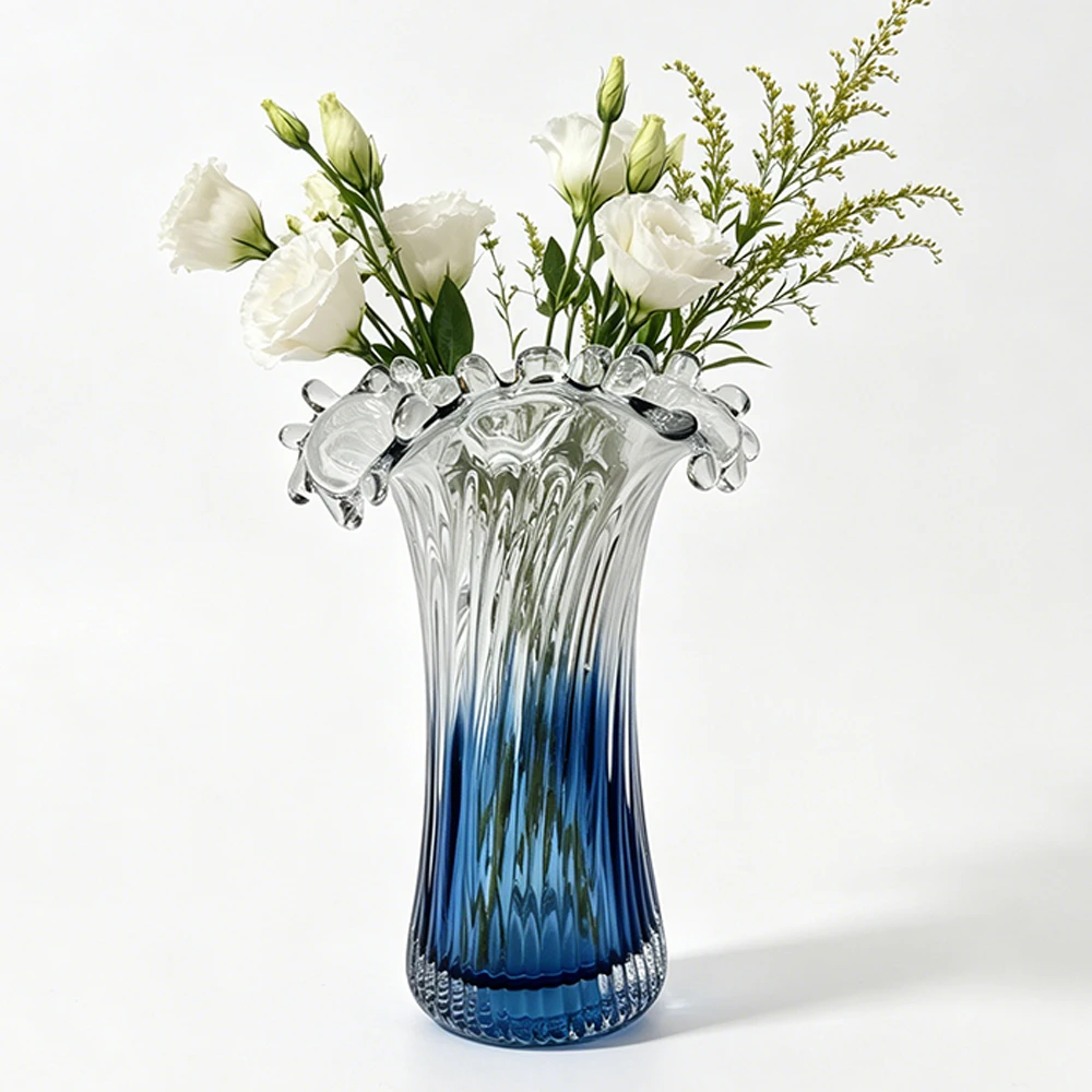Handcrafted tall corrugated glass vase, elegant decorative vase, suitable for home, office and interior decoration
Handcrafted tall corrugated glass vase, elegant decorative vase, suitable for home, office and interior decoration
