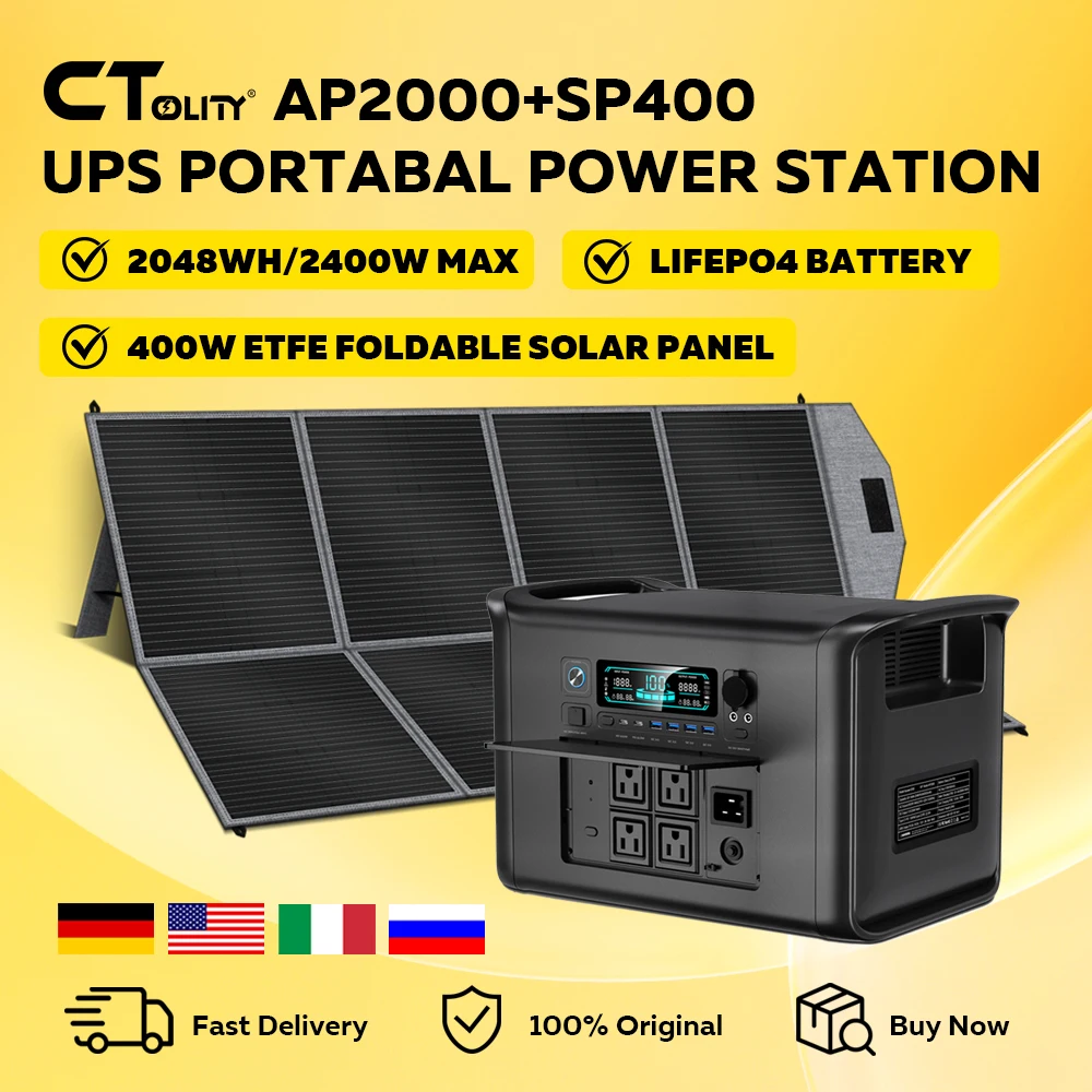 CTOLITY AP2000 2400W Portable Solar Generator Kit with Solar Panel SP400 ETFE 400W 2048Wh LiFePO4 Battery Power Station, AC Outlet, and Pure Sine Wave Emergency Power Supply for Camping Outdoor and RV Use
CTOLITY AP2000 2400W Portable Solar Generator Kit with Solar Panel SP400 ETFE 400W 2048Wh LiFePO4 Battery Power Station, AC Outlet, and Pure Sine Wave Emergency Power Supply for Camping Outdoor and RV Use