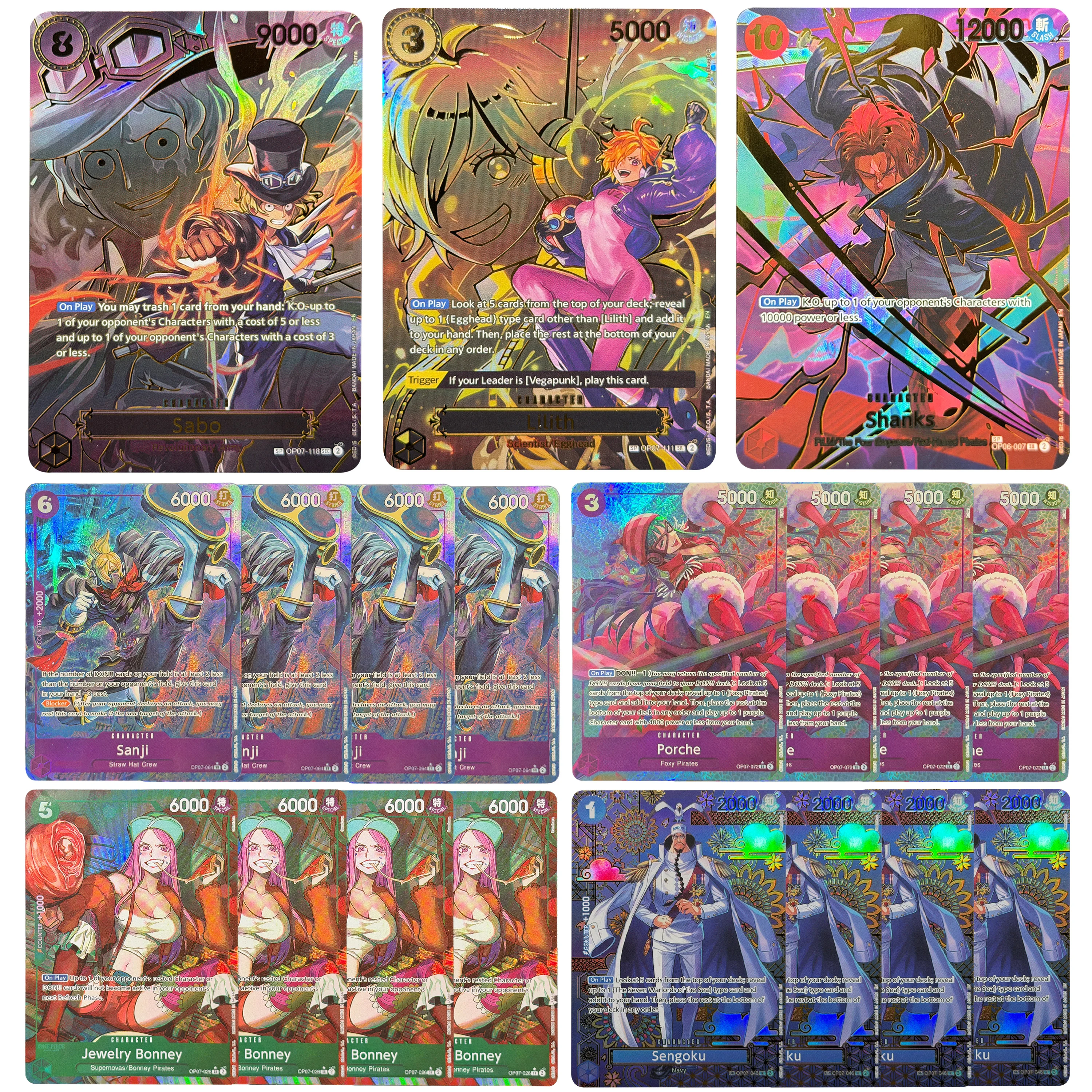 One Piece tcg OP07 Alternate Art/SP 4pcs OPCG Shanks Sabo Lilith Sanji Franky Rainbow Holo Laminate Proxy cards
One Piece tcg OP07 Alternate Art/SP 4pcs OPCG Shanks Sabo Lilith Sanji Franky Rainbow Holo Laminate Proxy cards