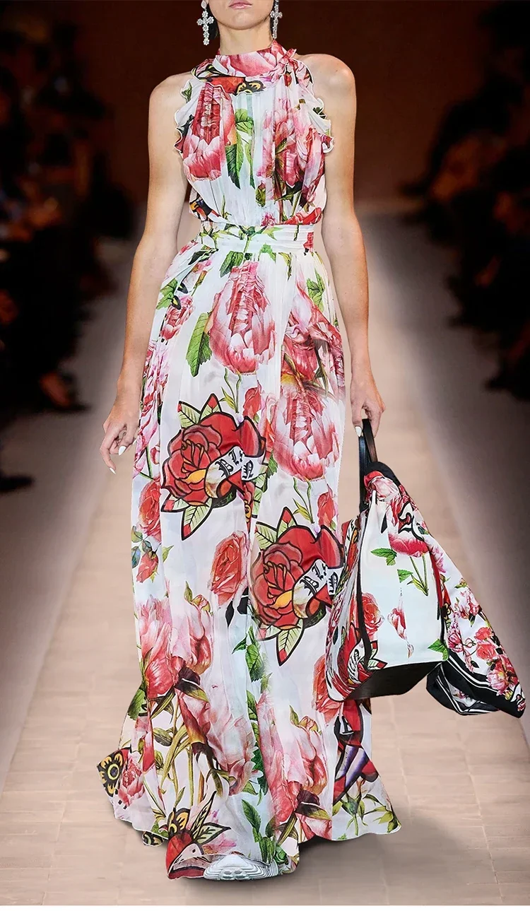Spring Fashion Designer Vintage Floral Print Dress Women's Stand Collar Ruffles High Waist Slim A-Line Vest Long Dresses
Spring Fashion Designer Vintage Floral Print Dress Women's Stand Collar Ruffles High Waist Slim A-Line Vest Long Dresses