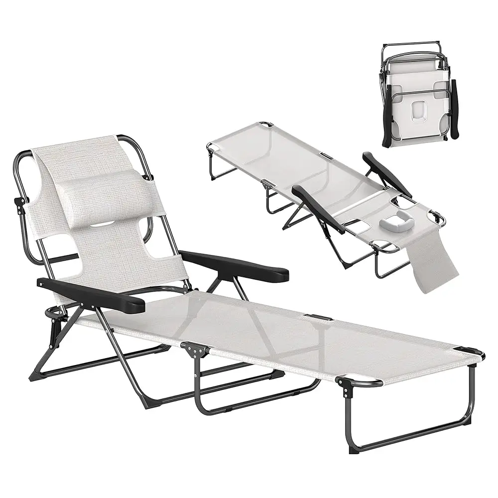 Tanning Chaise Lounge Chair, 4-Position Beach Chair With Face & Arm Holes, Pillow Headrest, Adjustable Sunbathing Chair, Cream
Tanning Chaise Lounge Chair, 4-Position Beach Chair With Face & Arm Holes, Pillow Headrest, Adjustable Sunbathing Chair, Cream
