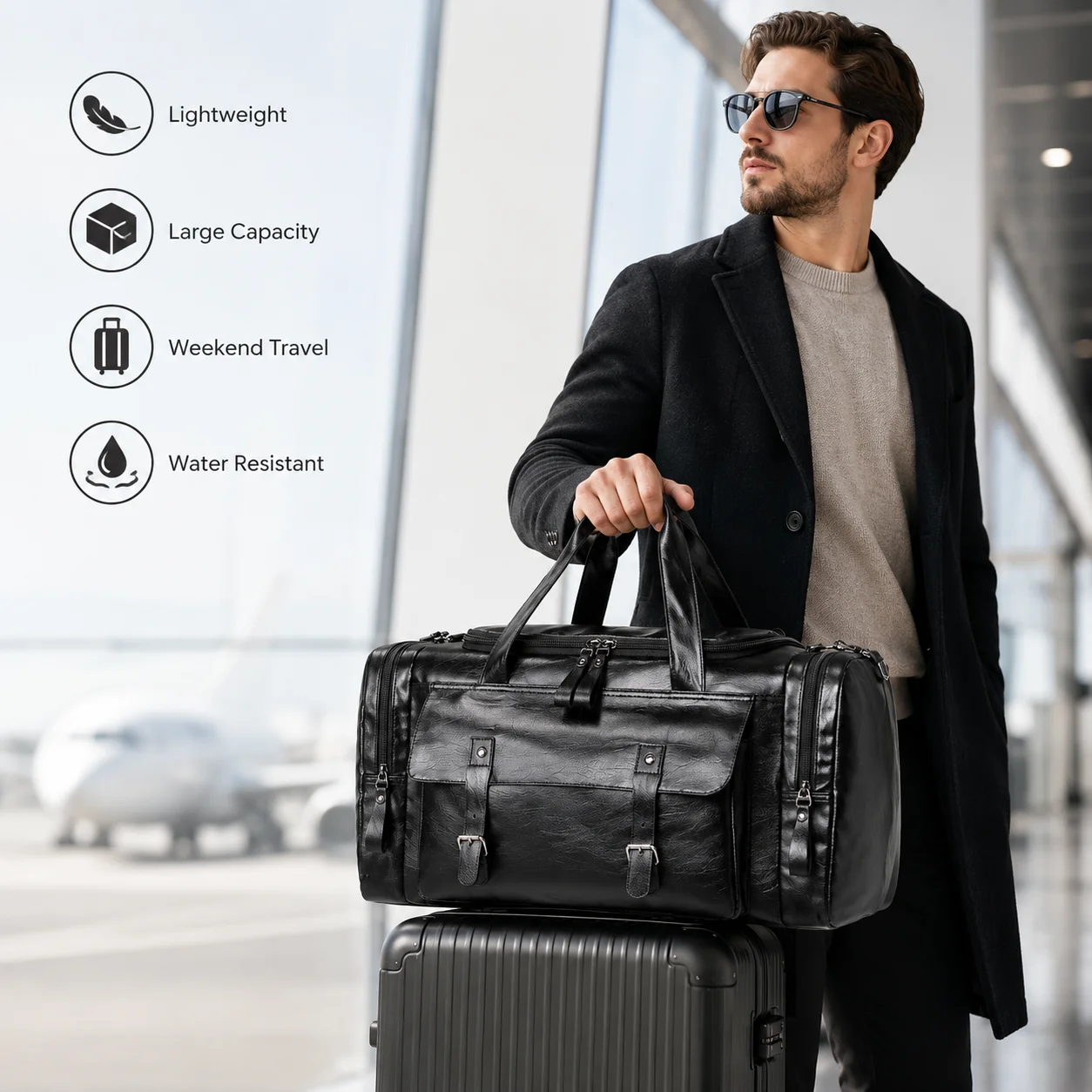 PU Leather Mens Travel Duffle Bag Large Capacity Weekender Handbag Business Trip Carry On Sports Gym Shoulder Bag Black Style
PU Leather Mens Travel Duffle Bag Large Capacity Weekender Handbag Business Trip Carry On Sports Gym Shoulder Bag Black Style