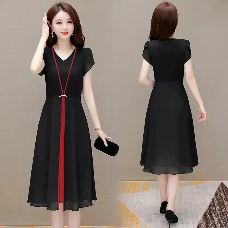Summer Women Chiffon Dress 2024 New Fashion Slim Contrast V-neck Short Sleeve Split Fake Two Pieces Dress Female Mid Long Dress
Summer Women Chiffon Dress 2024 New Fashion Slim Contrast V-neck Short Sleeve Split Fake Two Pieces Dress Female Mid Long Dress