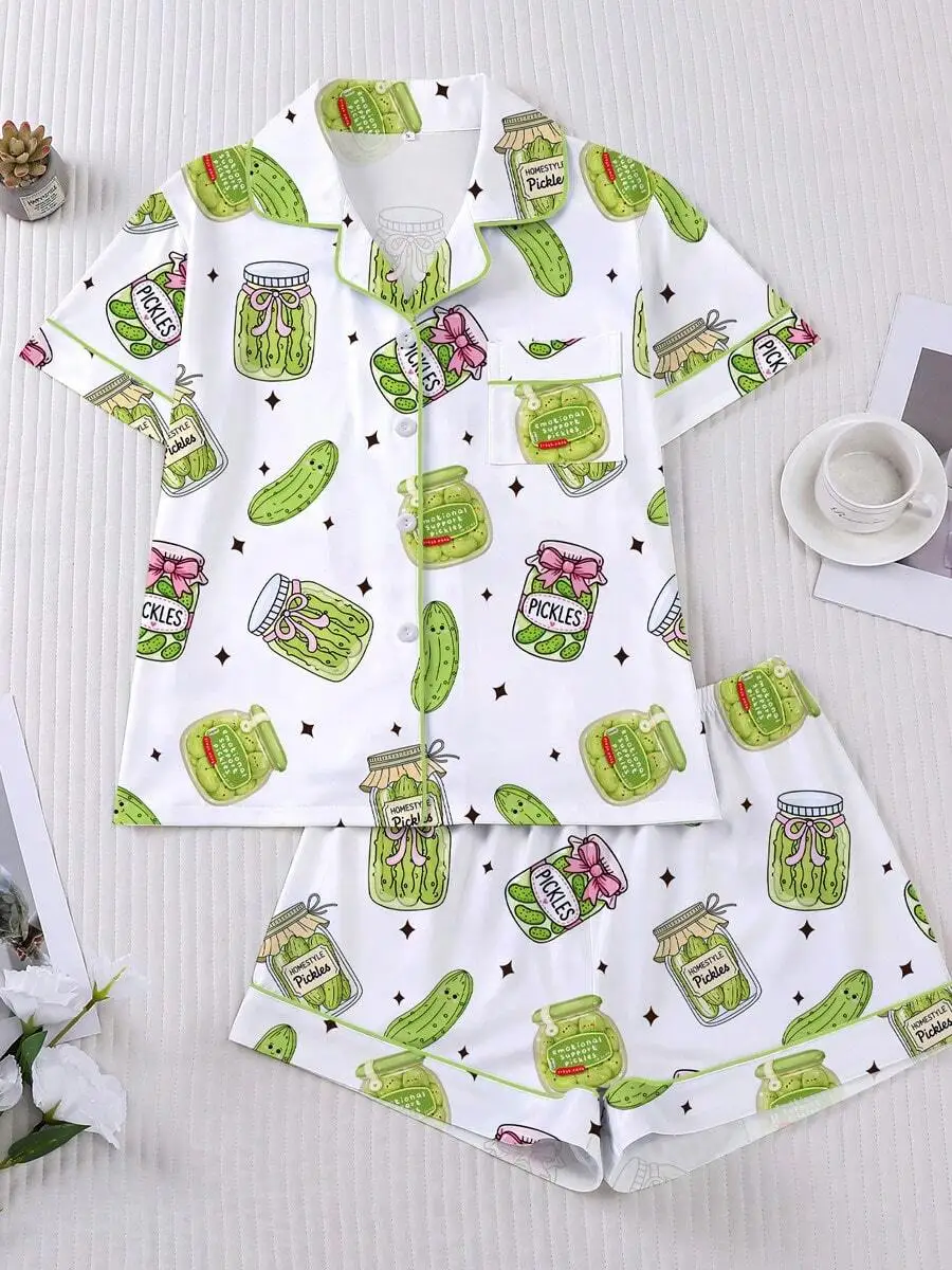 Womens 2-Piece Pajama Set With Cucumber Print, Short Sleeve, Turn-Down Collar, Soft Cotton Blend
Womens 2-Piece Pajama Set With Cucumber Print, Short Sleeve, Turn-Down Collar, Soft Cotton Blend