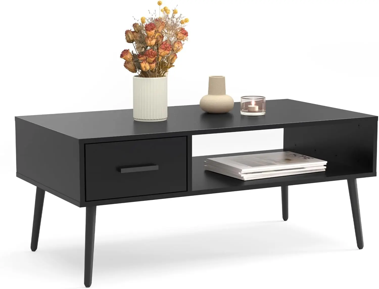 Mid-Century Modern Black Coffee Table - Cocktail/TVStand with DrawerOpen Storage Shelf,Stable Anti-Scratching Pine Legs for Home
Mid-Century Modern Black Coffee Table - Cocktail/TVStand with DrawerOpen Storage Shelf,Stable Anti-Scratching Pine Legs for Home