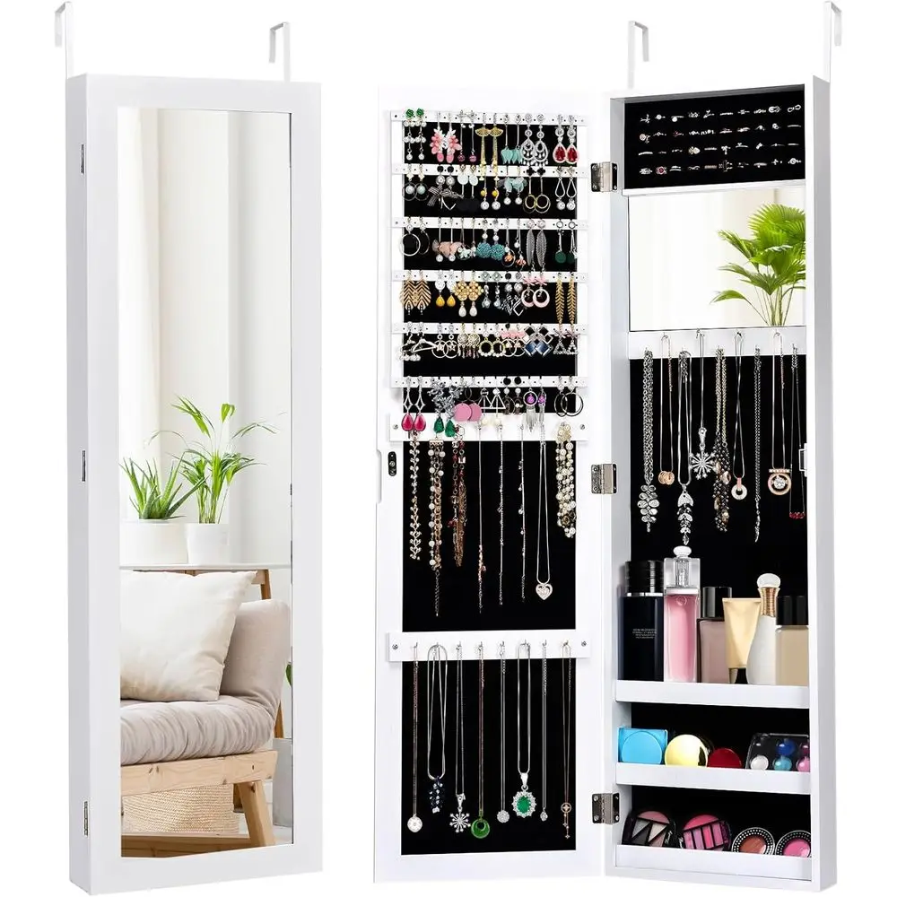 White Wall-Mounted Jewelry Cabinet with Full-Length Mirror, Over-Door Organizer, Built-In Makeup Mirror, and Storage Shelves for
White Wall-Mounted Jewelry Cabinet with Full-Length Mirror, Over-Door Organizer, Built-In Makeup Mirror, and Storage Shelves for