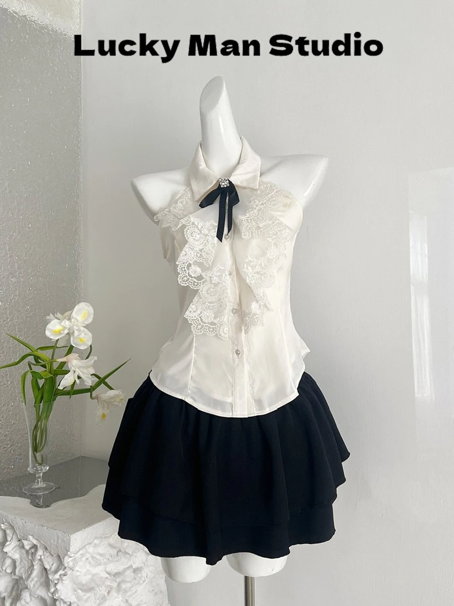 Luckymann Lace Sleeveless Shirt Waist Cinched Top And Cake Skirt Set College Style Women's Fashion Summer Polyester Fiber
Luckymann Lace Sleeveless Shirt Waist Cinched Top And Cake Skirt Set College Style Women's Fashion Summer Polyester Fiber
