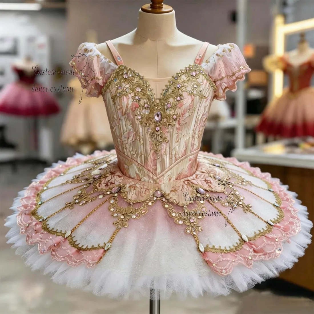 Custom Princess Aurora ballet costume from Sleeping Beauty, floral jacquard corset bodice, ornate golden trim and gemstone detai
Custom Princess Aurora ballet costume from Sleeping Beauty, floral jacquard corset bodice, ornate golden trim and gemstone detai