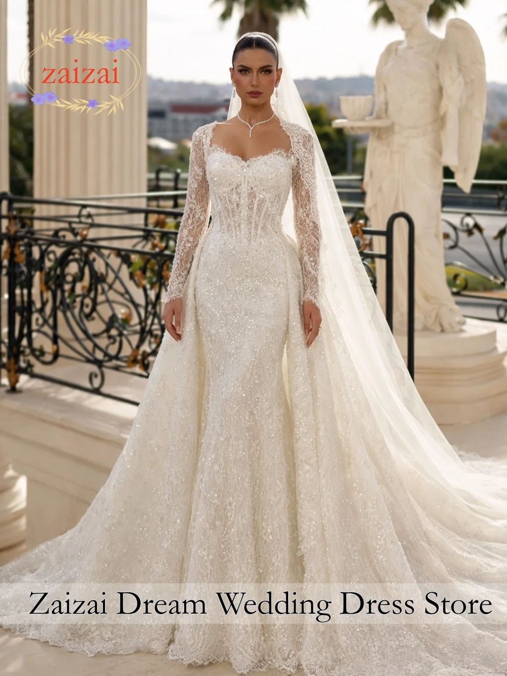 Customized Gorgeous Lace Mermaid Wedding Dress Sweetheart Neck Long Sleeves Bridal Gowns Sequins Detachable Train Dresses
Customized Gorgeous Lace Mermaid Wedding Dress Sweetheart Neck Long Sleeves Bridal Gowns Sequins Detachable Train Dresses