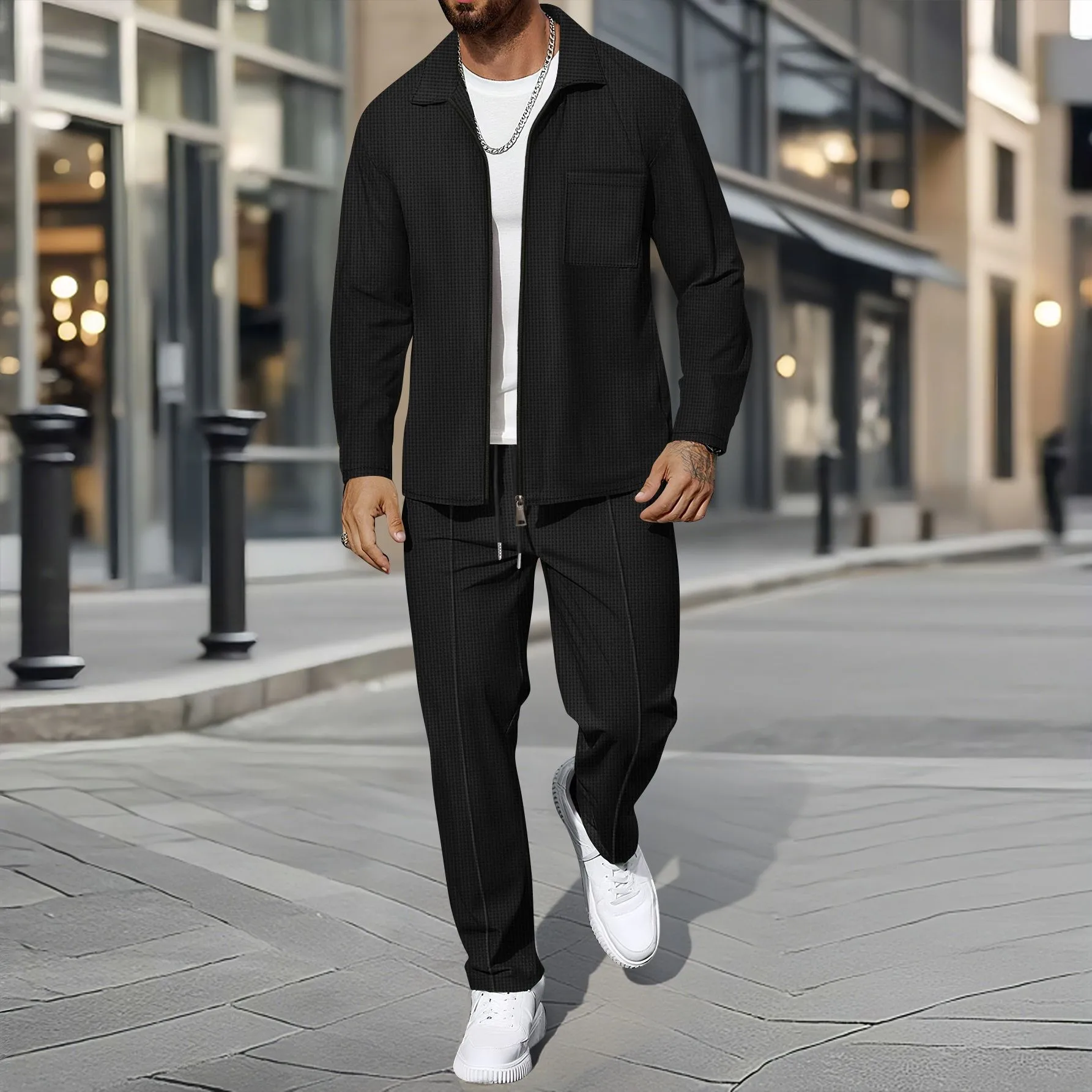 Men's Autumn and Winter Waffle-pattern Solid Color Zipped Front Pocket Lapel Fitted Cardigan Jacket Set
Men's Autumn and Winter Waffle-pattern Solid Color Zipped Front Pocket Lapel Fitted Cardigan Jacket Set