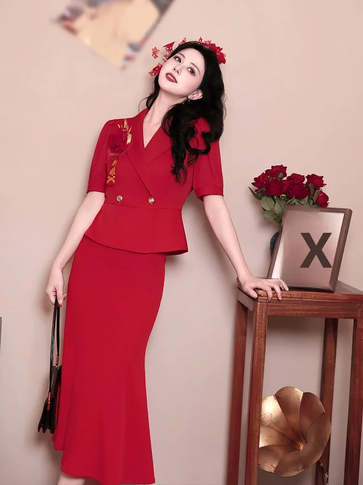 Summer Wedding Celebration Red Slimming Bride Dress Set Two Pieces Suit Return Gift for Groom Short Sleeve High Waist Straigh...
Summer Wedding Celebration Red Slimming Bride Dress Set Two Pieces Suit Return Gift for Groom Short Sleeve High Waist Straigh...
