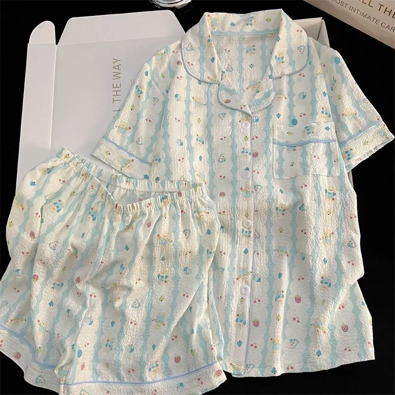 Summer Short Sleeve Sleepwear Women's Bubble Gauze Pleated Cardigan Sweet Little Cherry Thin Home Clothes Set Casual Style 34 S12177e84f9334578ae2f3937425d0d9eo