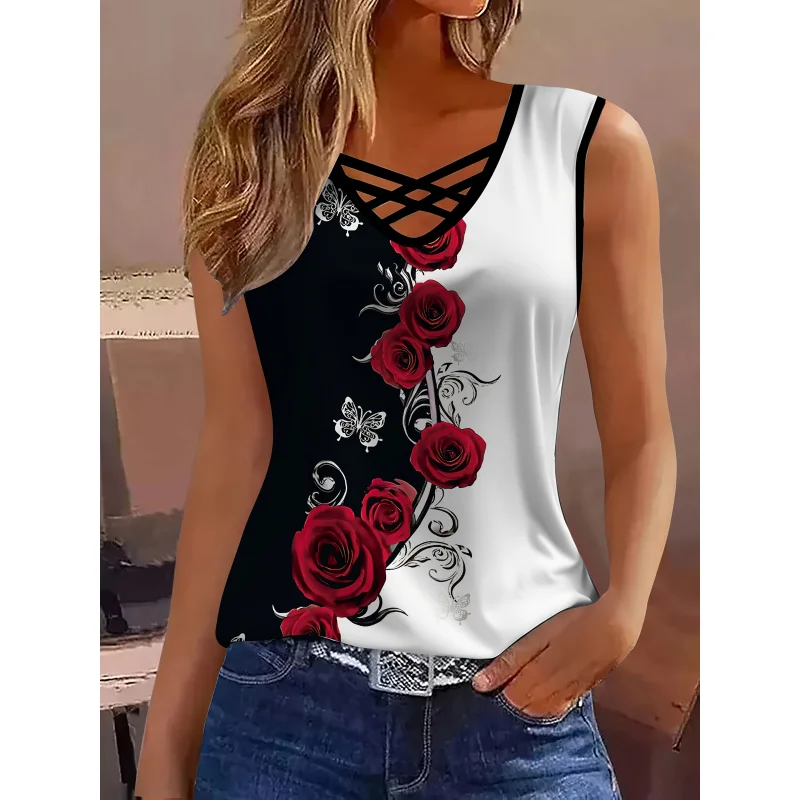 Elegant Women's Rose Flower Print Top with Criss-Straps and, Trendy-Shirt
Elegant Women's Rose Flower Print Top with Criss-Straps and, Trendy-Shirt