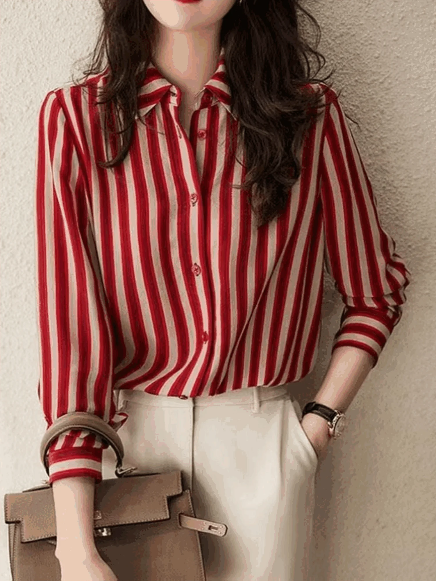 80s retro Hong Kong-style red shirt for women, stylish and fashionable striped shirt, autumn new style top, elegant base laye
80s retro Hong Kong-style red shirt for women, stylish and fashionable striped shirt, autumn new style top, elegant base laye