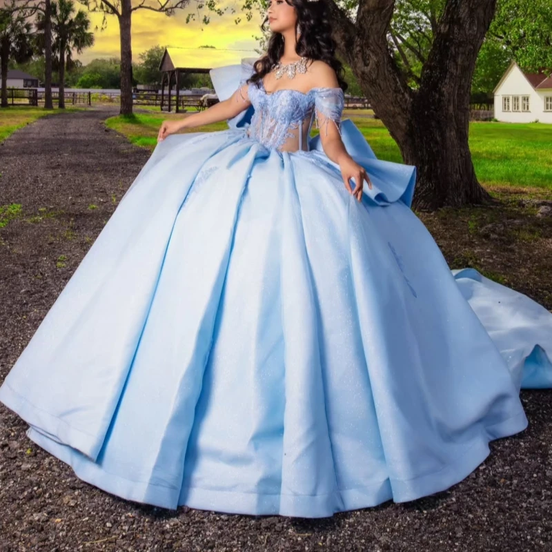 Sky Blue Shiny Quinceanera Dresses Ball Gown Off The Shoulder Lace Beads Bow Tull Corset Sweet 16 Dress Vestidos 15 De Anos
Sky Blue Shiny Quinceanera Dresses Ball Gown Off The Shoulder Lace Beads Bow Tull Corset Sweet 16 Dress Vestidos 15 De Anos