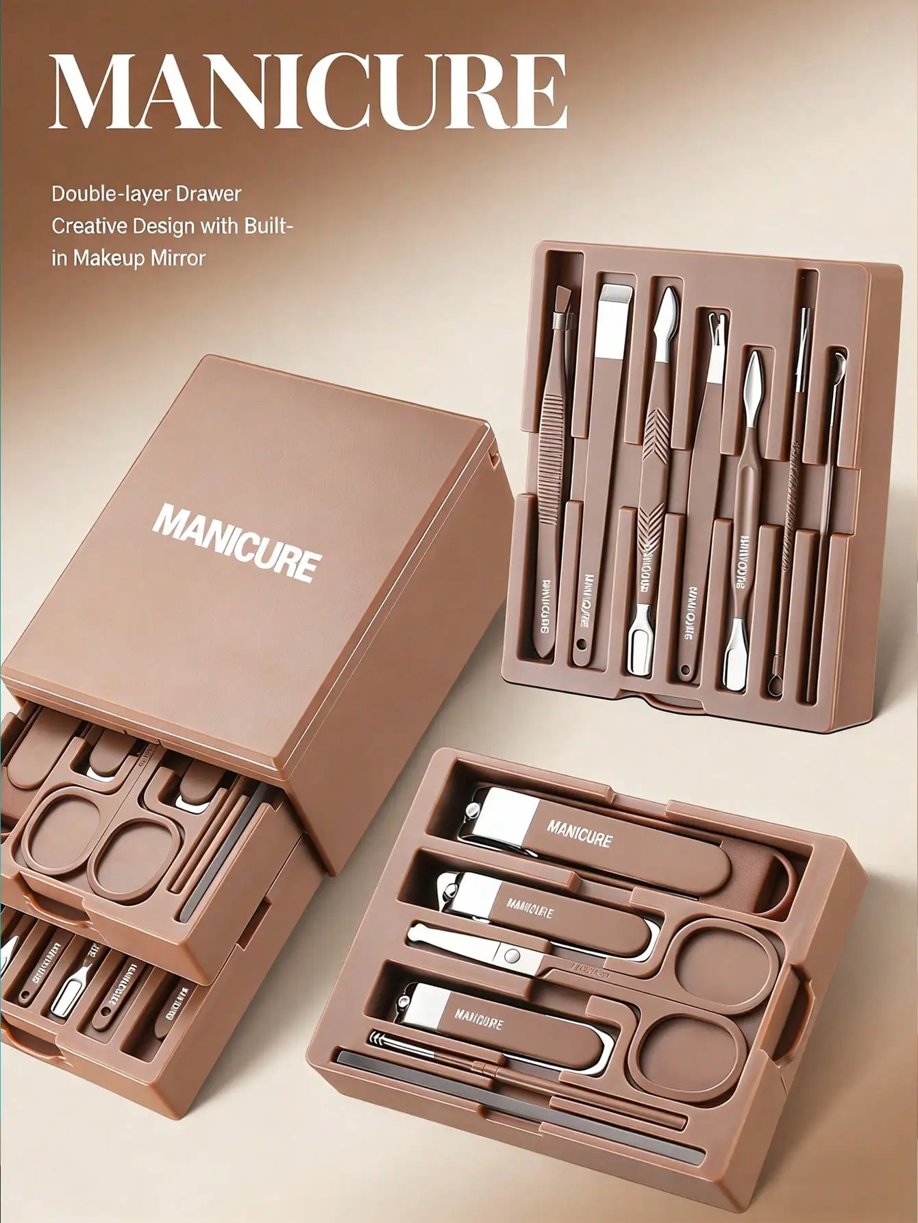13pcs Upgraded Nail Care Set With Mirror, Nail Clippers, Eyebrow Scissors, Face & Hand Care Tools In Dual-Layer Storage Box, Portable & Convenient, Great Gift For Family, Friends, Mother's Day, Valentine's Day, Brown
13pcs Upgraded Nail Care Set With Mirror, Nail Clippers, Eyebrow Scissors, Face & Hand Care Tools In Dual-Layer Storage Box, Portable & Convenient, Great Gift For Family, Friends, Mother's Day, Valentine's Day, Brown