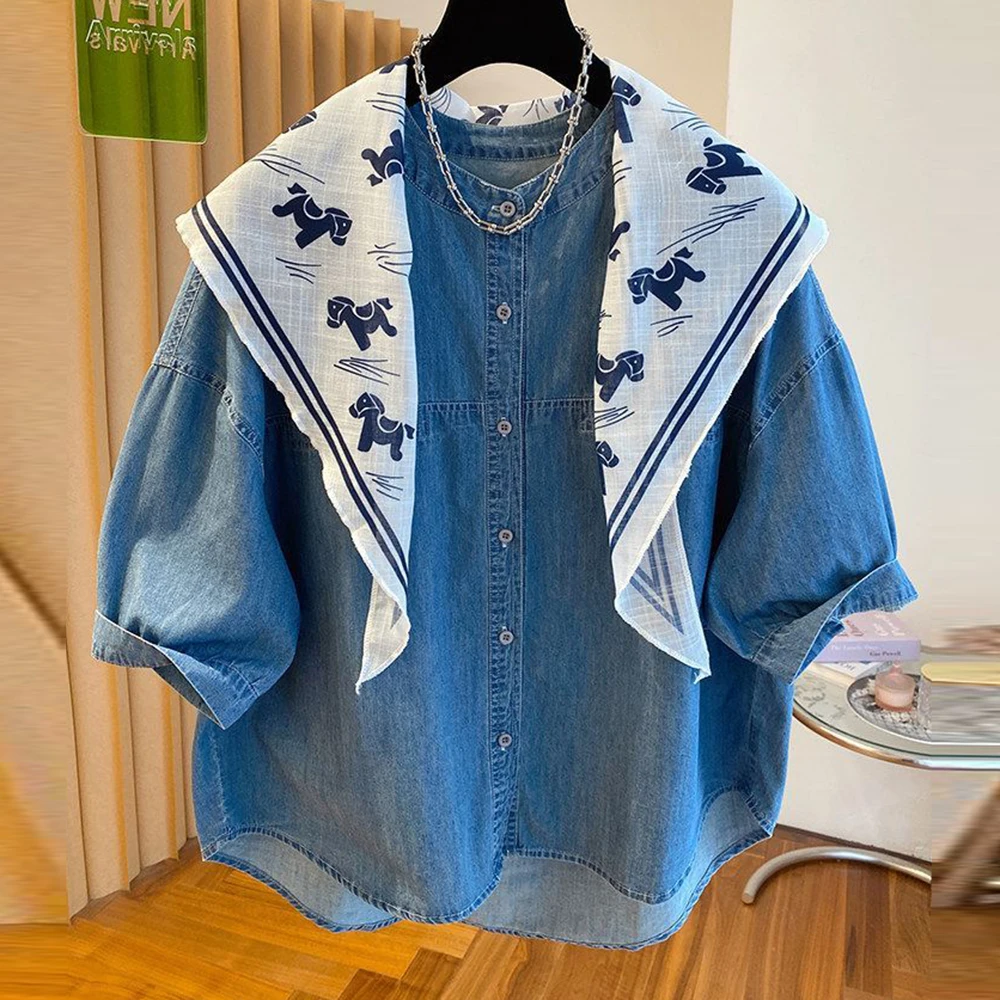 Premium round neck denim shirt women's 2026 new loose casual versatile huge good-looking with silk scarf top summer
Premium round neck denim shirt women's 2026 new loose casual versatile huge good-looking with silk scarf top summer