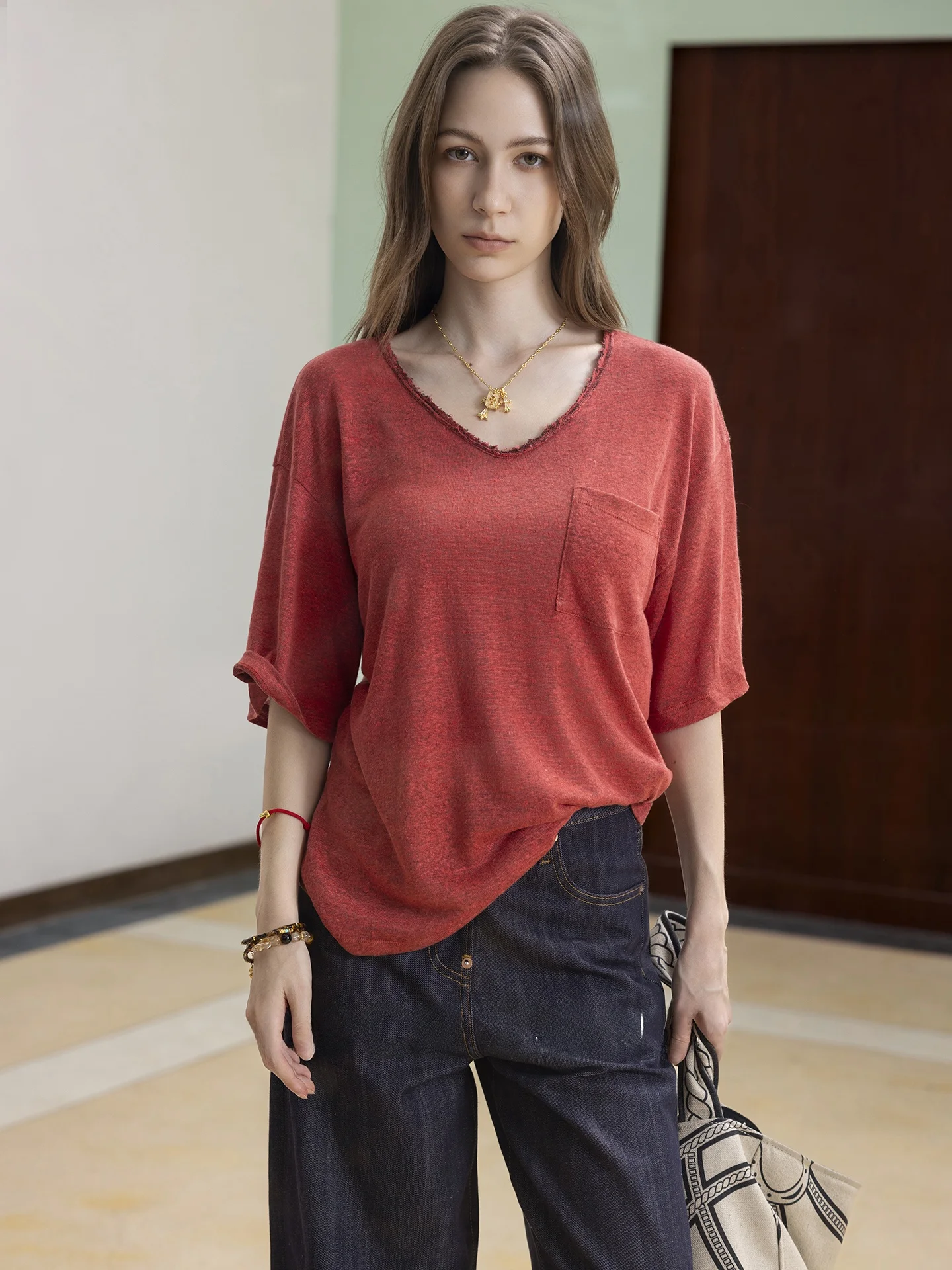 Retro Style Linen Knitted Short Sleeve V-Neck T-Shirt Women's Casual Summer New Arrival COCOZONE Straight Cut Color
Retro Style Linen Knitted Short Sleeve V-Neck T-Shirt Women's Casual Summer New Arrival COCOZONE Straight Cut Color