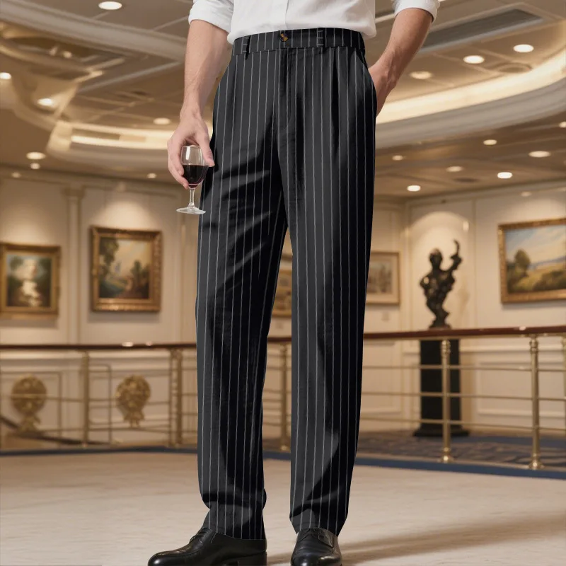 Men's linen vertical-striped trousers - mid-rise pleated straight-leg pants - breathable - casual business office formal pants.
Men's linen vertical-striped trousers - mid-rise pleated straight-leg pants - breathable - casual business office formal pants.