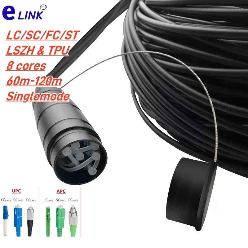 TPU Armored patch cord 60M-120M 8 core LSZH SM PDLC black waterproof 8C SC LC FC ST APC singlemode 8 fibers optical jumper 100m
TPU Armored patch cord 60M-120M 8 core LSZH SM PDLC black waterproof 8C SC LC FC ST APC singlemode 8 fibers optical jumper 100m