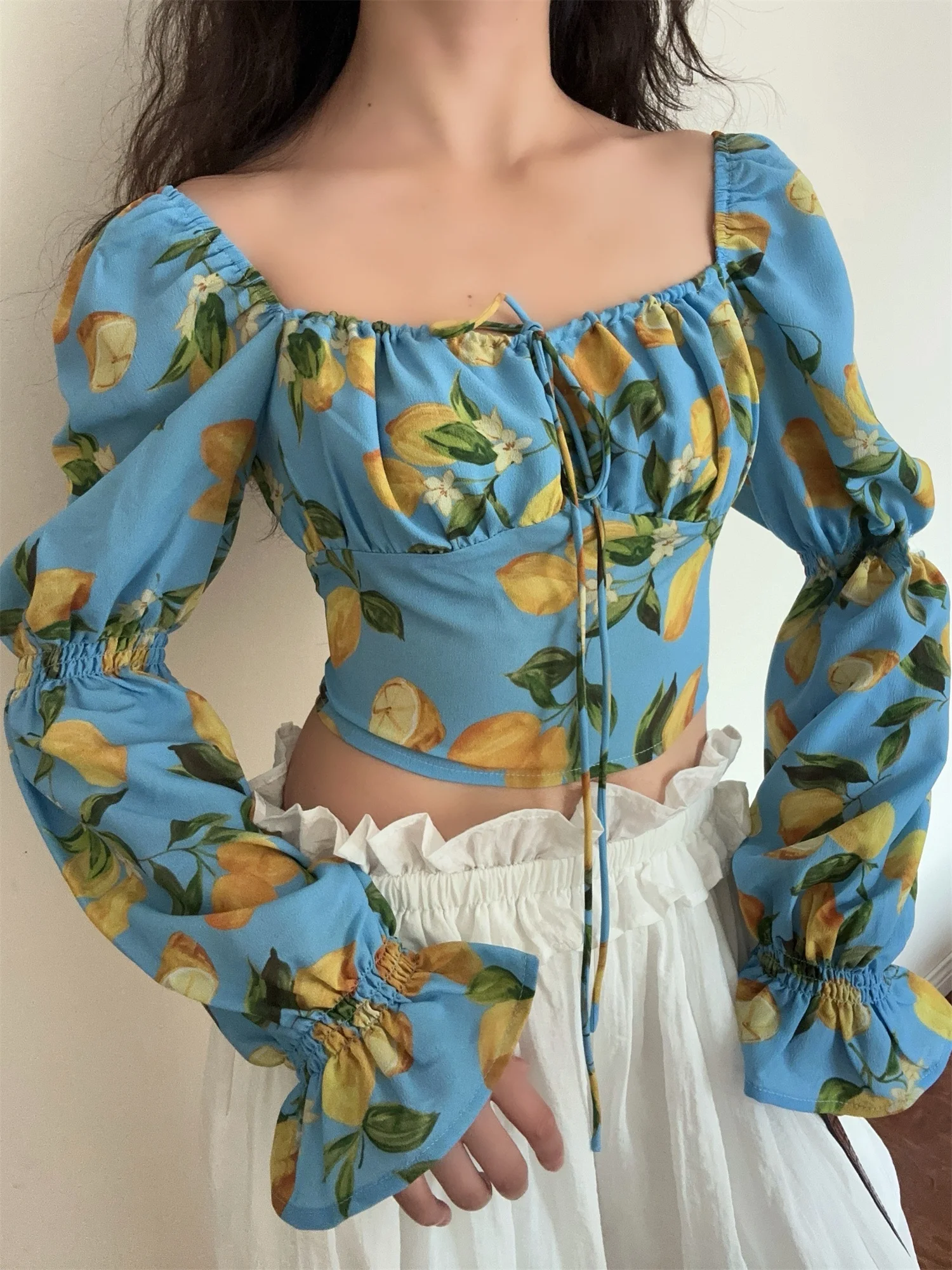 DADANA Romantic Sweet Lemon Print Bubble Sleeve Tie Dotted Chiffon Shirt Square Collar Belly Baring Women's Top Fashionable B...
DADANA Romantic Sweet Lemon Print Bubble Sleeve Tie Dotted Chiffon Shirt Square Collar Belly Baring Women's Top Fashionable B...