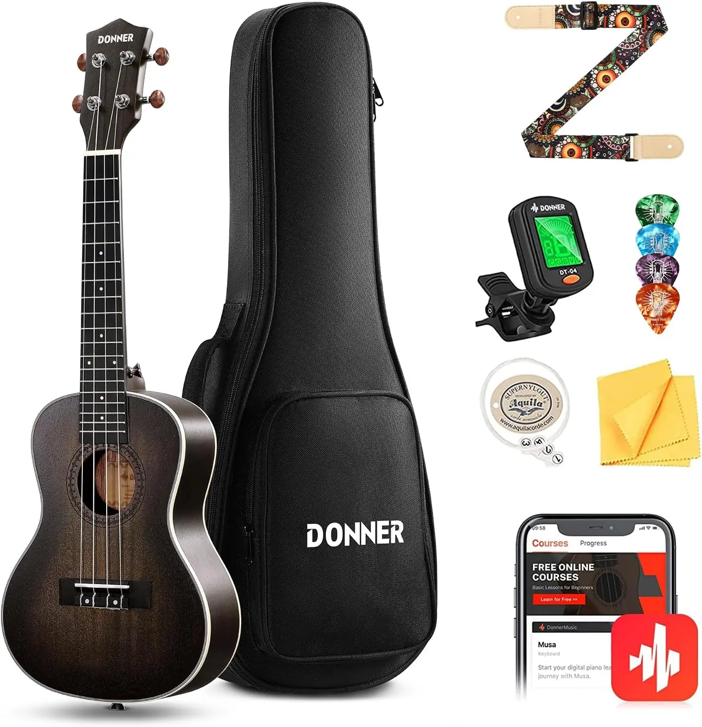 23 Inch Mahogany Concert Ukulele Bundle for Adult Beginners with Online Lessons, Gig Bag, Aquila Strings, Pick, Tuner, Strap, and Cleaning Cloth
23 Inch Mahogany Concert Ukulele Bundle for Adult Beginners with Online Lessons, Gig Bag, Aquila Strings, Pick, Tuner, Strap, and Cleaning Cloth