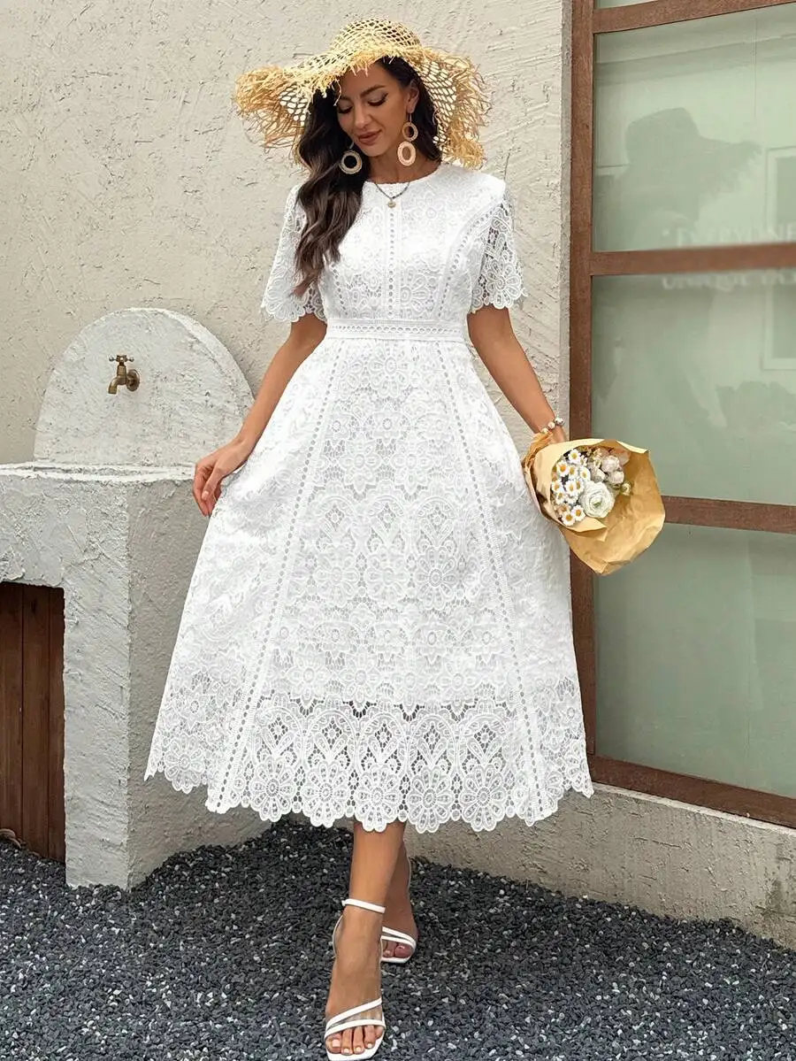 Womens Round Neck Lace Short Sleeve Midi Dress Summer Sundress
Womens Round Neck Lace Short Sleeve Midi Dress Summer Sundress