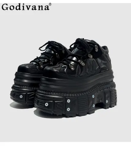 Y2K Subculture Japanese Original Spice Girl Punk Style Thick-soled Muffin Shoes Round Head Rivet Lace-up Small Leather Shoes