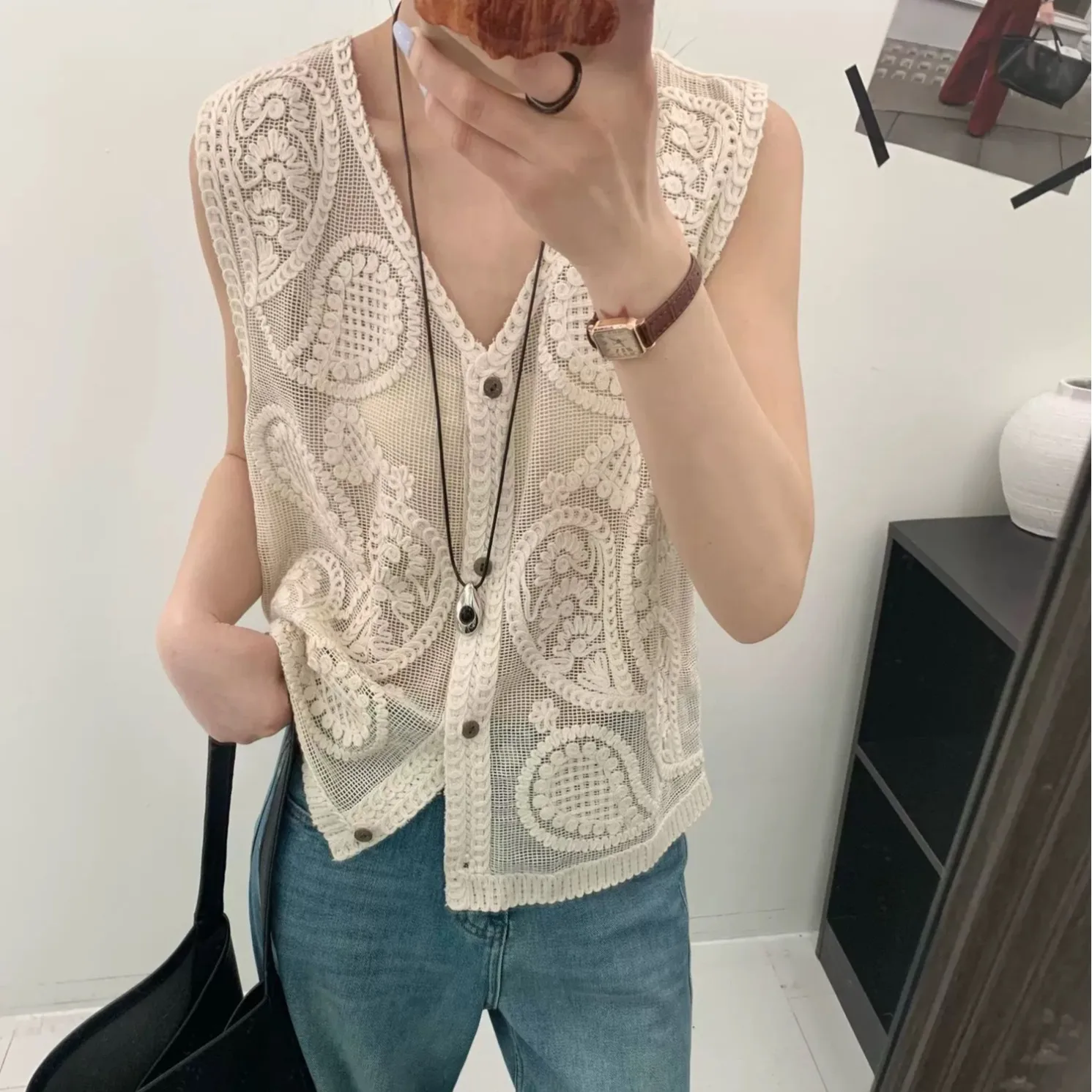 Crochet Vest Sheer Openwork Lace Knit Button Down Waistcoat Summer Beach Cover Up Retro Boho Hippie Cottagecore
Crochet Vest Sheer Openwork Lace Knit Button Down Waistcoat Summer Beach Cover Up Retro Boho Hippie Cottagecore