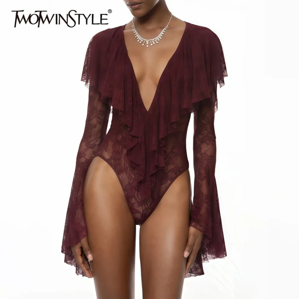 Сексуальное боди TWOTWINSTYLE из бордового кружева с рюшами для женщин, с глубоким V-образным вырезом, прозрачными расклешенными рукавами, из прозрачной ткани, стройнящее, для клубных вечеринок
Сексуальное боди TWOTWINSTYLE из бордового кружева с рюшами для женщин, с глубоким V-образным вырезом, прозрачными расклешенными рукавами, из прозрачной ткани, стройнящее, для клубных вечеринок