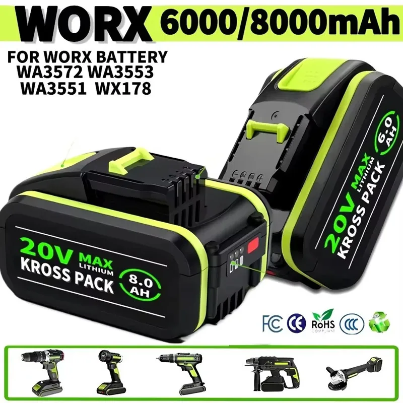 Сменная литиевая аккумуляторная батарея WA3551, 20 В, 6000 мАч для Worx WA3553 WX390 WX176 WX178 WX386, электроинструменты
Сменная литиевая аккумуляторная батарея WA3551, 20 В, 6000 мАч для Worx WA3553 WX390 WX176 WX178 WX386, электроинструменты