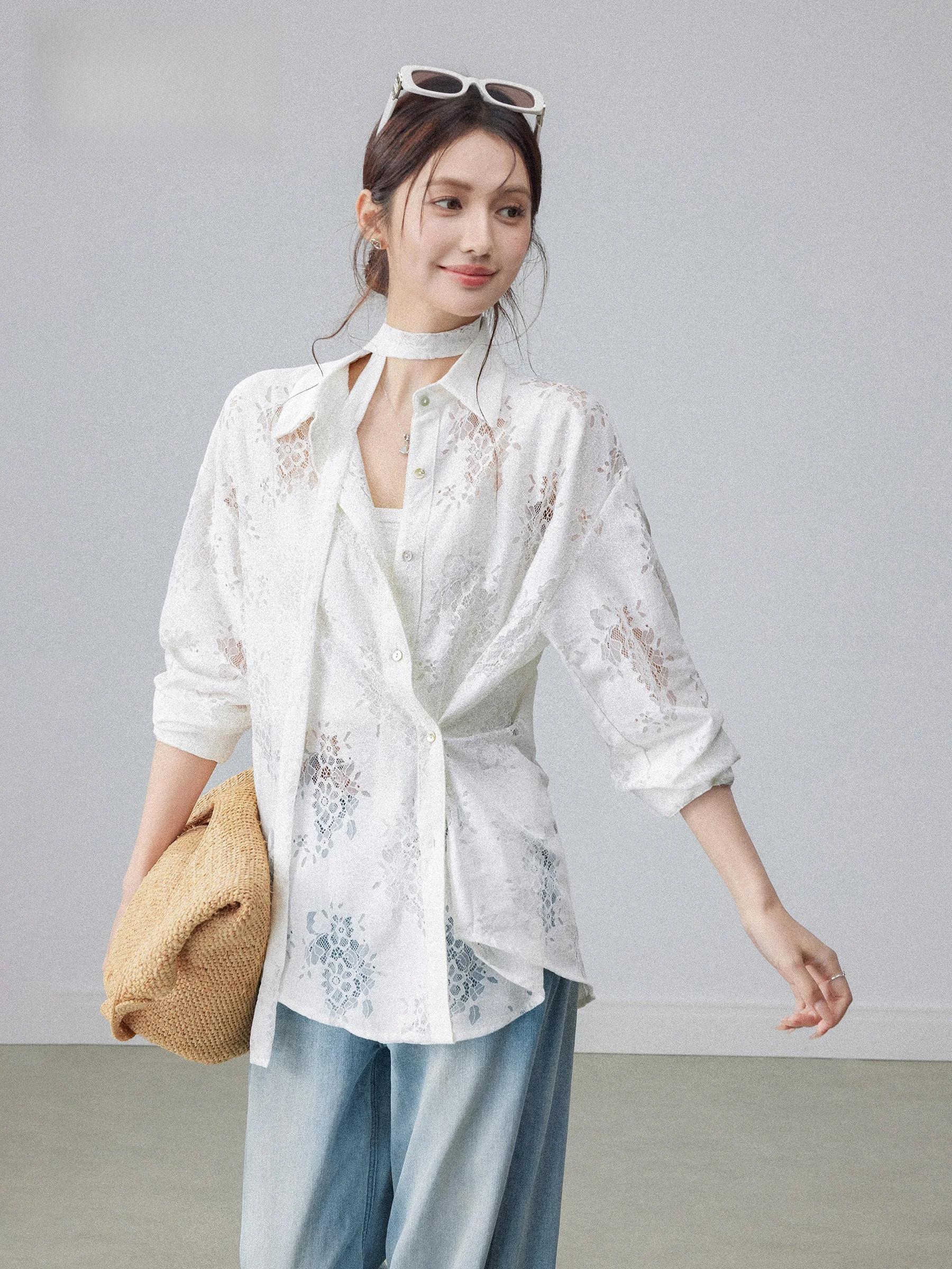 White Lace Hollow out Necktie Shirt Women's Spring Design Slimming Waist Casual Style Long Sleeve Button up Top
White Lace Hollow out Necktie Shirt Women's Spring Design Slimming Waist Casual Style Long Sleeve Button up Top