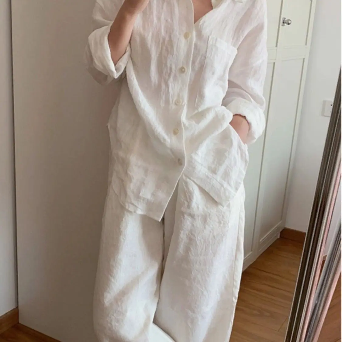 2 Pcs/Set Women Shirt Pants Set Solid Color Lapel Long Sleeve Wide Leg Pants Casual Daily Wear Sportswear Big Size Women Summer
2 Pcs/Set Women Shirt Pants Set Solid Color Lapel Long Sleeve Wide Leg Pants Casual Daily Wear Sportswear Big Size Women Summer