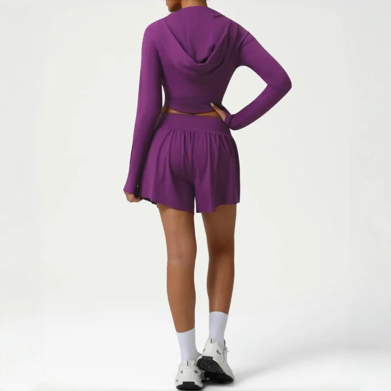 Women's Hooded Yoga Suit Nude High Waist Slim Fit Quick Drying Stand Up Collar Set Outdoor Sports and Fitness Shorts Set 
Women's Hooded Yoga Suit Nude High Waist Slim Fit Quick Drying Stand Up Collar Set Outdoor Sports and Fitness Shorts Set