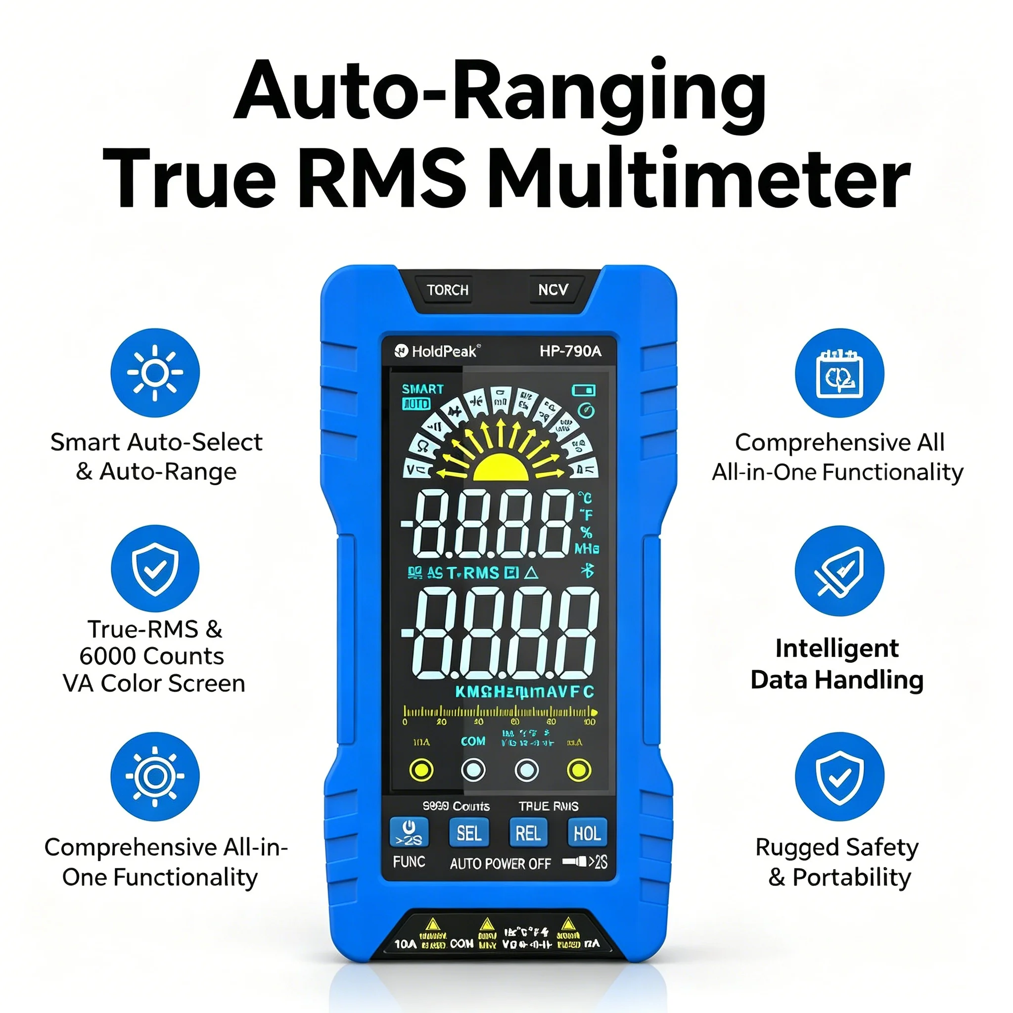 790A Auto-Ranging True RMS Multimeter 6000 Counts NCV Temp Capacitance Hz Duty Cycle with Flashlight for Auto HVAC DIY
790A Auto-Ranging True RMS Multimeter 6000 Counts NCV Temp Capacitance Hz Duty Cycle with Flashlight for Auto HVAC DIY