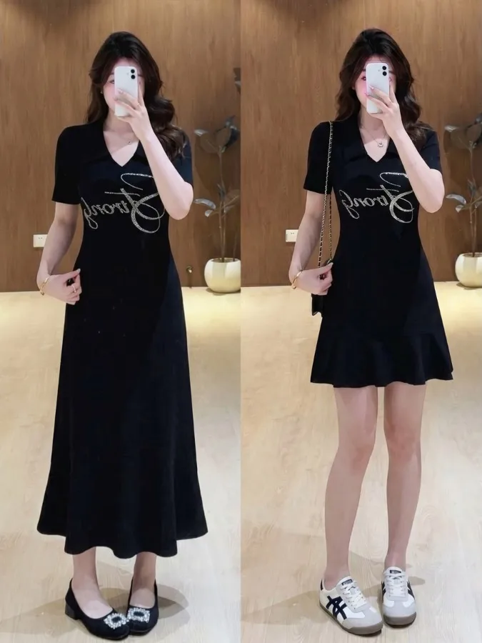plus Size Slimming Black Fish Tail Dress Summer New High Waist Short Sleeve V Neck Rhinestone Decorated a Line Long Dress
plus Size Slimming Black Fish Tail Dress Summer New High Waist Short Sleeve V Neck Rhinestone Decorated a Line Long Dress
