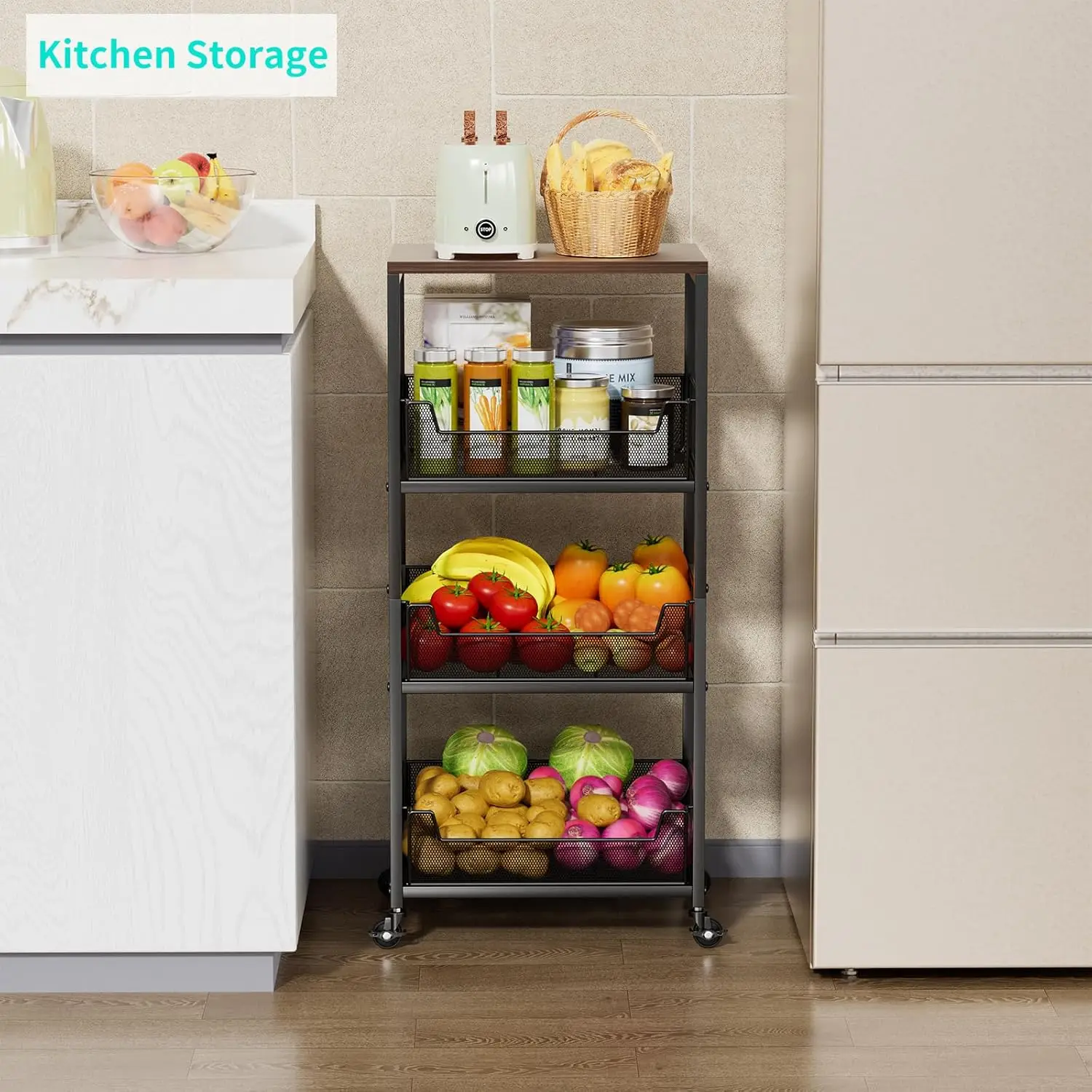 Fruit Basket Kitchen Cart 4-Tier Rolling Storage Cart with Wheels,Fruit Vegetable Basket with Wood Top for Fruit Potato Onion 
Fruit Basket Kitchen Cart 4-Tier Rolling Storage Cart with Wheels,Fruit Vegetable Basket with Wood Top for Fruit Potato Onion
