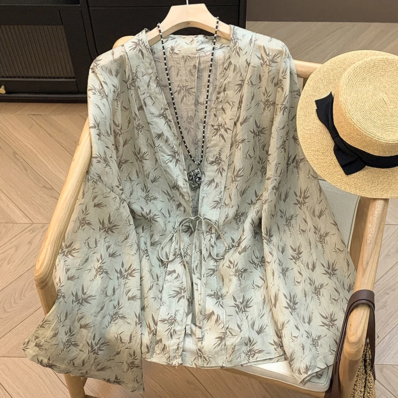 New Chinese Sle Bamboo Le Print Cotton Linen irt Women's Spring Summer Casual Commute Wearable Belted Outer Sun Protection
New Chinese Sle Bamboo Le Print Cotton Linen irt Women's Spring Summer Casual Commute Wearable Belted Outer Sun Protection