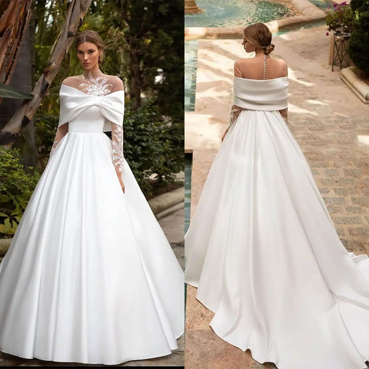 Elegant A Line Wedding Dresses High Neck Off Shoulder Bridal Dress Sheer Appliques Long Sleeve Satin Bride Gown For Park Chapel
Elegant A Line Wedding Dresses High Neck Off Shoulder Bridal Dress Sheer Appliques Long Sleeve Satin Bride Gown For Park Chapel