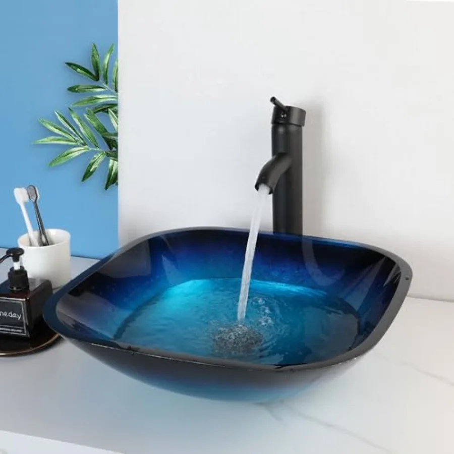 17 Inch Square Blue Glass Vessel Sink Bathroom Bowl Sink with Faucet and Drain Above-Counter Modern Bathroom Sink Basin for Van
17 Inch Square Blue Glass Vessel Sink Bathroom Bowl Sink with Faucet and Drain Above-Counter Modern Bathroom Sink Basin for Van