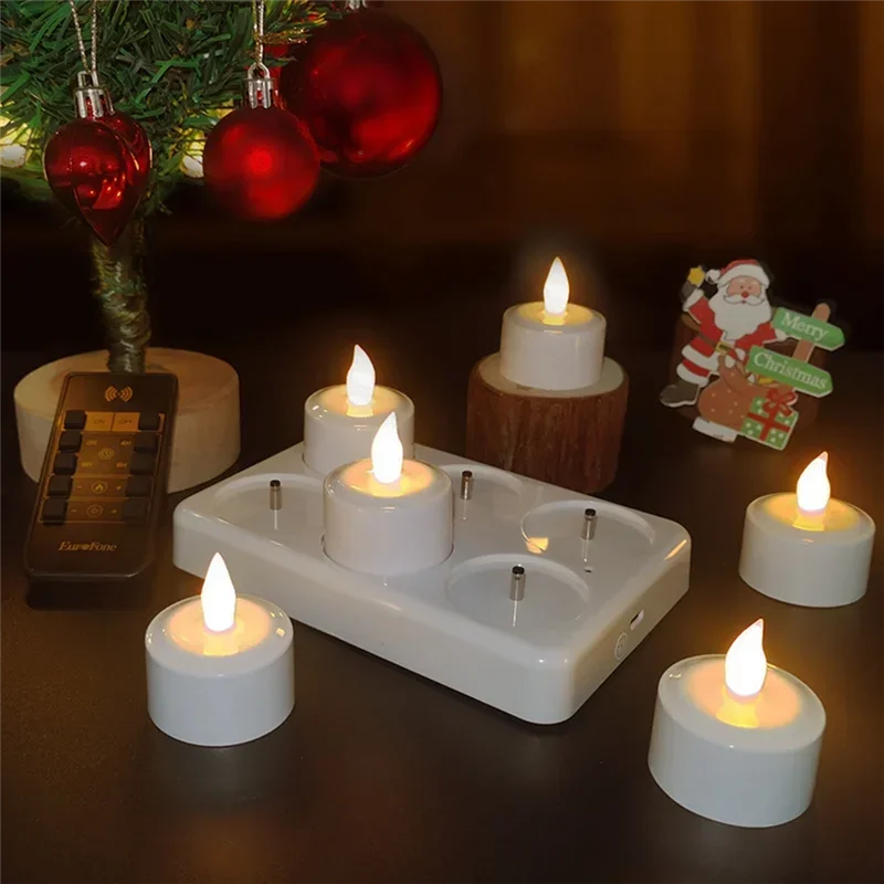 (6Pcs)Flameless Candles With Remote Control Timer& Charging Base USB Rechargeable Battery LED Tea Lights