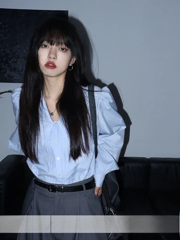 Retro Blue Pure Color irt Women's Loose Fit Long Sve Button up Cotton Original Design Autumn Collection DMS3
Retro Blue Pure Color irt Women's Loose Fit Long Sve Button up Cotton Original Design Autumn Collection DMS3