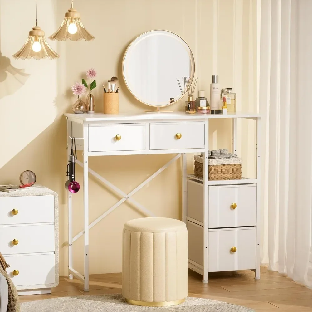 White Vanity Desk Without Mirror, Small Makeup Desk with 4 Fabric Drawers, 33.5 Inches Dressing Table with Storage, Vanity Table
White Vanity Desk Without Mirror, Small Makeup Desk with 4 Fabric Drawers, 33.5 Inches Dressing Table with Storage, Vanity Table