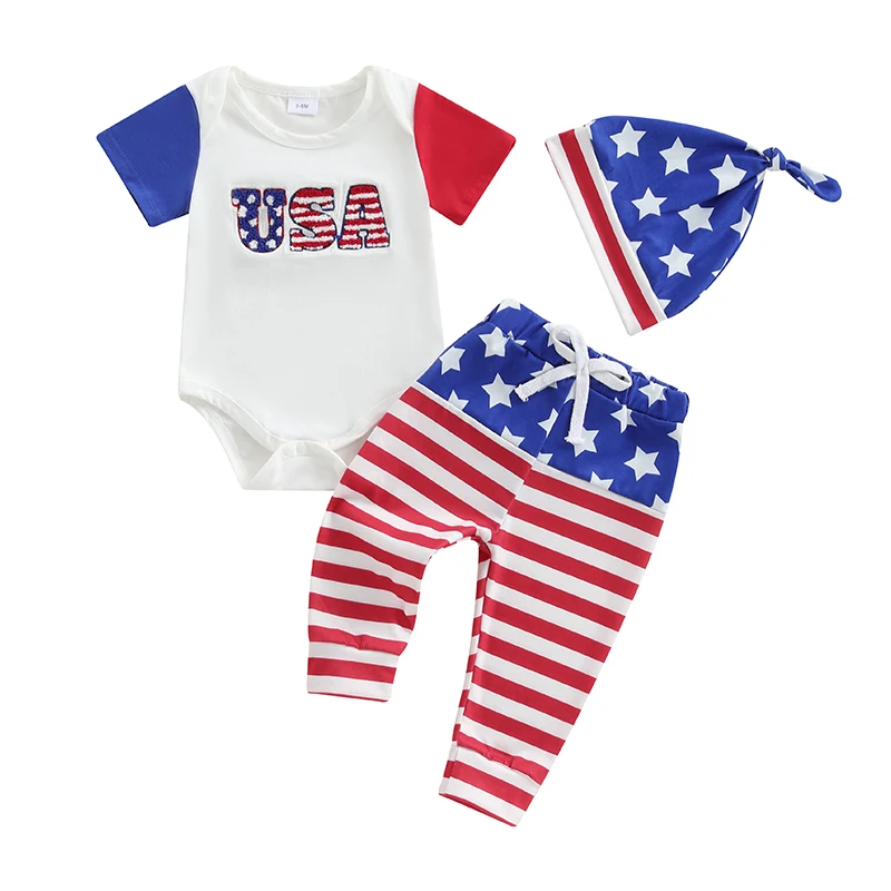 Baby 4th of July Outfits Letter Embroidery Short Sleeve Romper with Stripe Pants and Hat 3 Pcs Set
Baby 4th of July Outfits Letter Embroidery Short Sleeve Romper with Stripe Pants and Hat 3 Pcs Set
